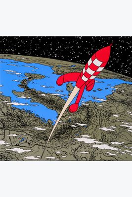 illustration d'une fusée survolant la Terre, avec un ciel bleu et des étoiles en arrière-plan