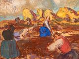 a painting of a group of people working in a field