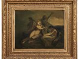 un tableau représentant une femme et deux hommes dans un paysage