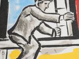 painting of a man leaning on a window sill in front of a flag