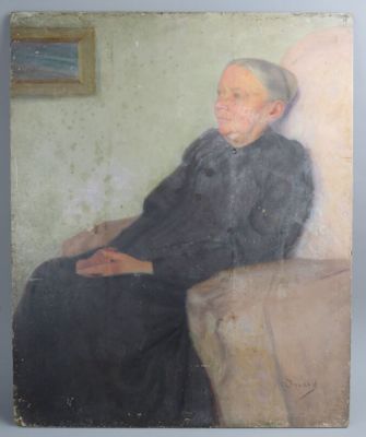 un vieux tableau représentant une femme assise sur une chaise dans une pièce