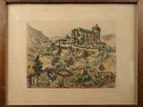 painting of a castle on top of a hill in a wooden frame