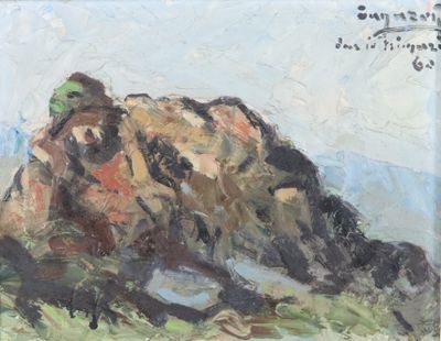 une peinture à l'huile représentant une montagne avec un rocher au premier plan