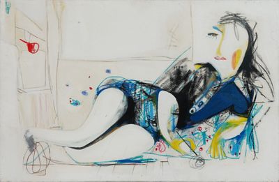 tableau représentant une femme assise sur une chaise, les jambes croisées
