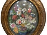 painting of a vase of flowers in a gold frame on a white background