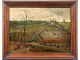 an oil painting of a farm scene with horses and people