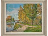 un tableau représentant une rivière avec des arbres et un pont en arrière-plan