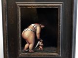 tableau représentant une femme en maillot de bain qui se penche pour ramasser un ours en peluche