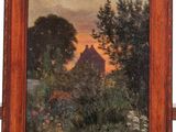 painting of a landscape with a house in the distance and trees in the foreground