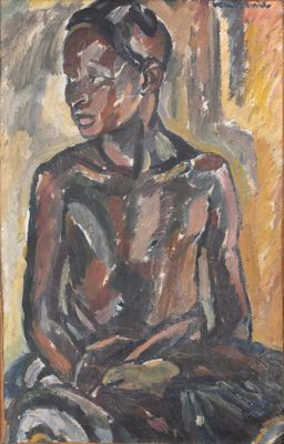 an oil painting of a man sitting in a chair with his legs crossed