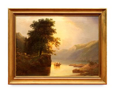 une image représentant un tableau d'un lac avec un bateau dessus