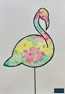 une image représentant un tableau sur lequel figure un flamant rose entouré de fleurs