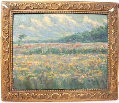 une peinture à l'huile représentant un champ de fleurs sauvages, dans un cadre doré