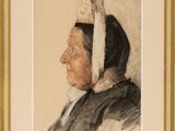 a painting of an old woman with a white headband