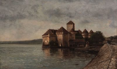 painting of a castle sitting on top of a body of water next to a body of water