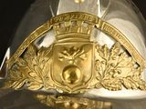 a close up of a helmet with a gold emblem on it