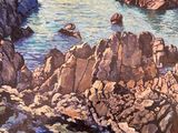 painting of a rocky coast with a lighthouse in the distance