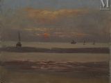 tableau représentant un coucher de soleil sur un plan d'eau, avec des voiliers au loin