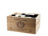 a wooden box with two bottles of wine in it