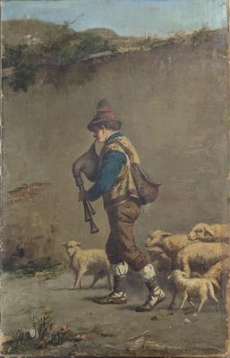 tableau représentant un berger et son troupeau de moutons dans un paysage