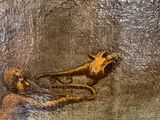 a picture of a painting of a dog laying on the ground