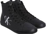 a picture of a pair of black sneakers with a logo on the side
