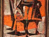 tableau représentant un homme assis sur une chaise devant un fond orange
