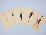 four cards with sketches of women in different outfits on them