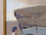 a painting of a woman pulling a wagon on the beach