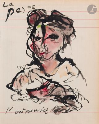 un dessin à l'encre représentant une femme tenant un bébé dans ses bras