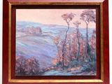an oil painting of a landscape with trees in a wooden frame