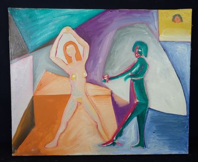 un tableau représentant un homme et une femme se serrant la main