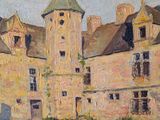 une peinture à l'huile représentant un grand bâtiment surmonté d'une tour