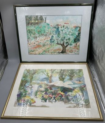 57 / CHT3 / Deux aquarelles signées, "Les jardins", ht3…