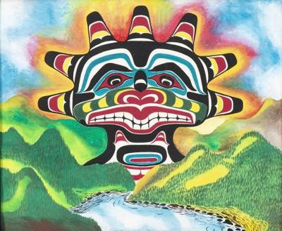 an image of a painting of a face with a mountain in the background