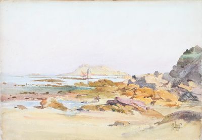 une image représentant une peinture d'une plage rocheuse avec un phare au loin