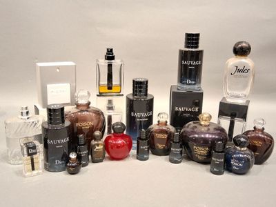 de nombreux flacons de parfum de styles variés posés sur une surface blanche