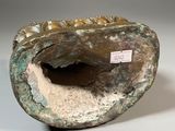 sculpture of a clam shell on a white surface with a sticker on it