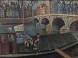 un tableau représentant un homme et un chien sur un bateau