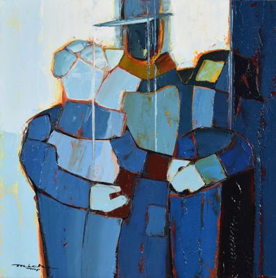 tableau représentant un homme coiffé d'un chapeau, une femme en robe bleue, un homme en costume bleu et une femme en robe blanche