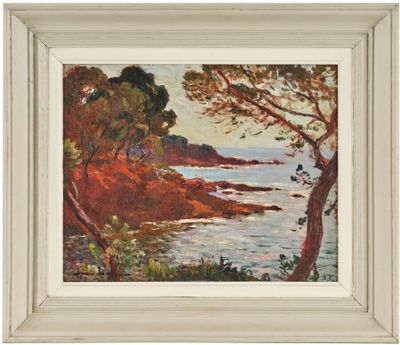 un tableau représentant un paysage avec des arbres et un plan d'eau