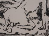 a black and white drawing of a nude woman kneeling down