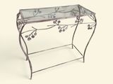 a glass table with a metal frame and a glass top