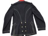 a black jacket with a red collar and buttons on the front