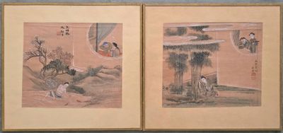 deux peintures asiatiques représentant un homme et une femme assis sous un arbre