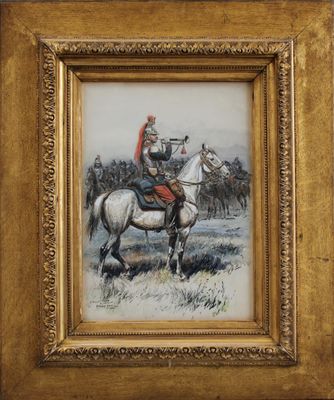an image of a painting of a man on a horse in a field