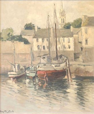a painting of a boat in a harbor with buildings in the background