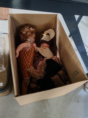 deux poupées dans une boîte en carton posée par terre