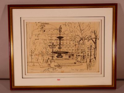 drawing of a fountain in a park in a frame on a wall