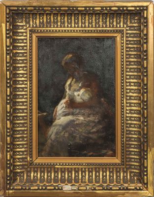an old painting of a woman holding a cat in a gold frame
